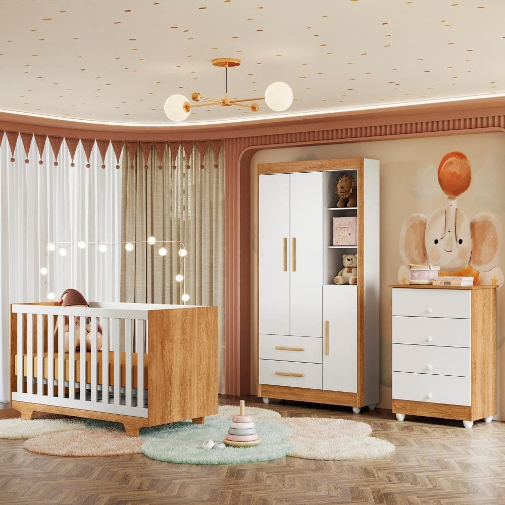 Quarto de Bebê Completo life 100% MDF com Cômoda Berço e Guarda Roupa 1 MDF Branco/Amadeirado
