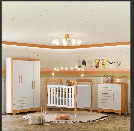 Quarto de Bebê Completo soninho  100% MDF com Cômoda Berço e Guarda Roupa 1 MDF Branco/Amadeirado